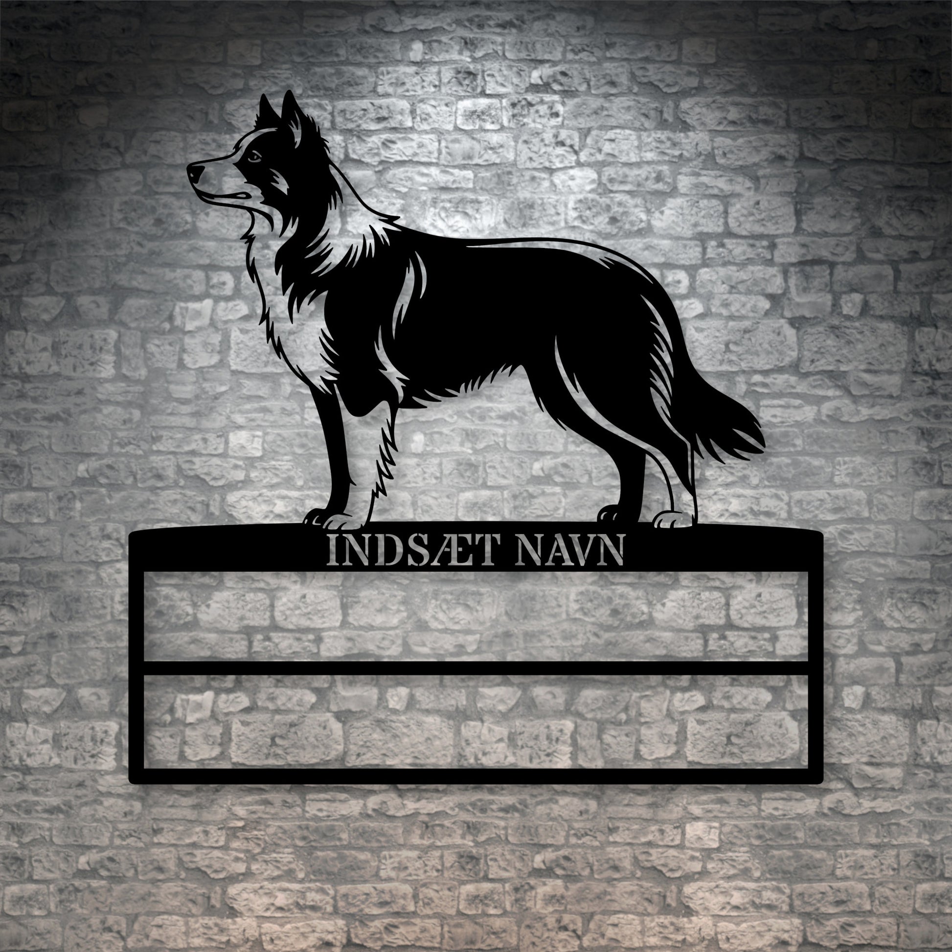 Laserskåret Border Collie væg metalskilt med personlig tekst til rosetter. Unik Gaveide til hundeejer.
