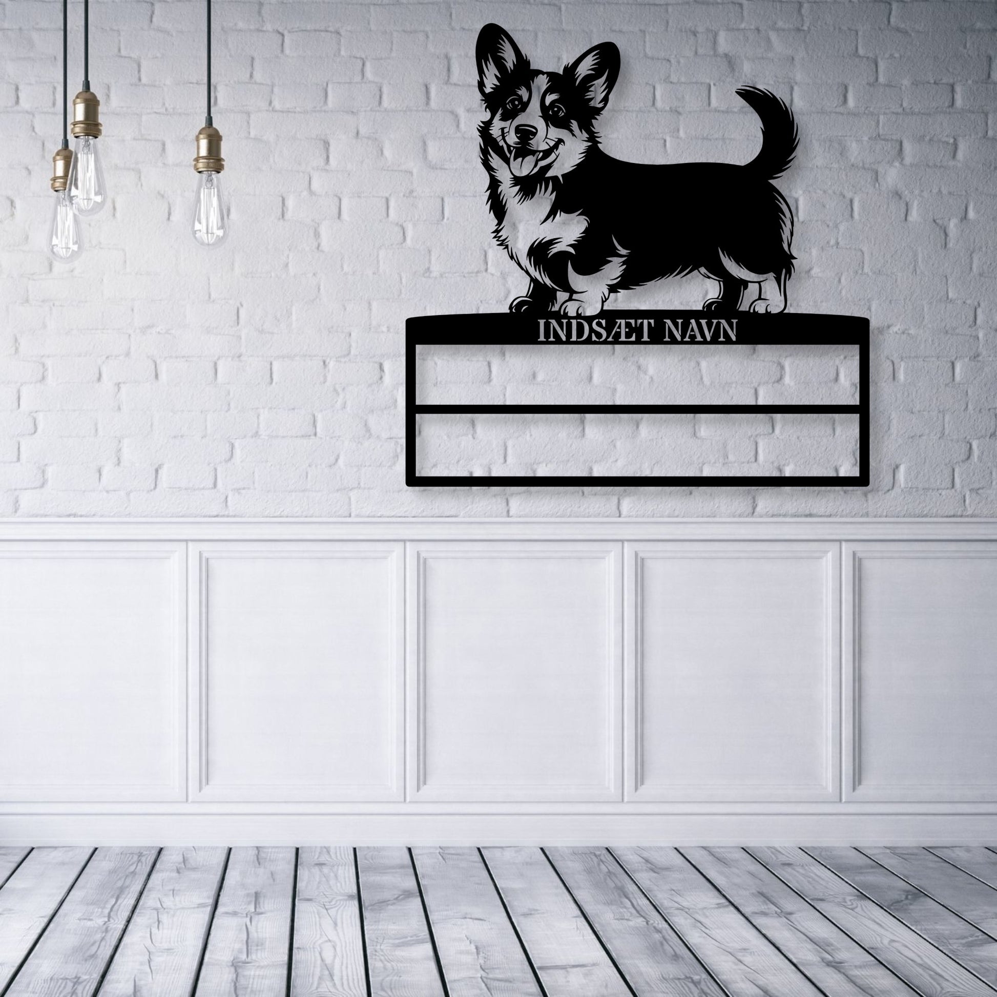 Laserskåret Corgi rosette display metalskilt med personlig tekst og navn. Unik Gaveide til hundeejer..