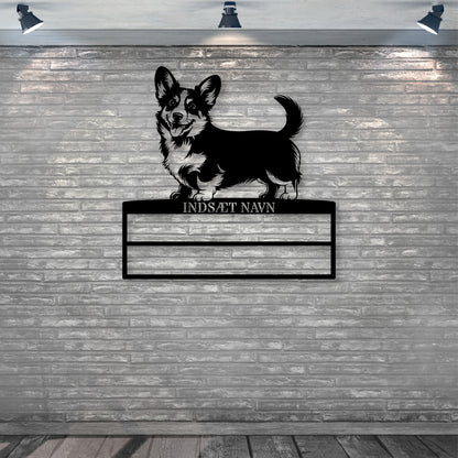 Laserskåret Corgi rosette display metalskilt med personlig tekst og navn. Unik Gaveide til hundeejer.