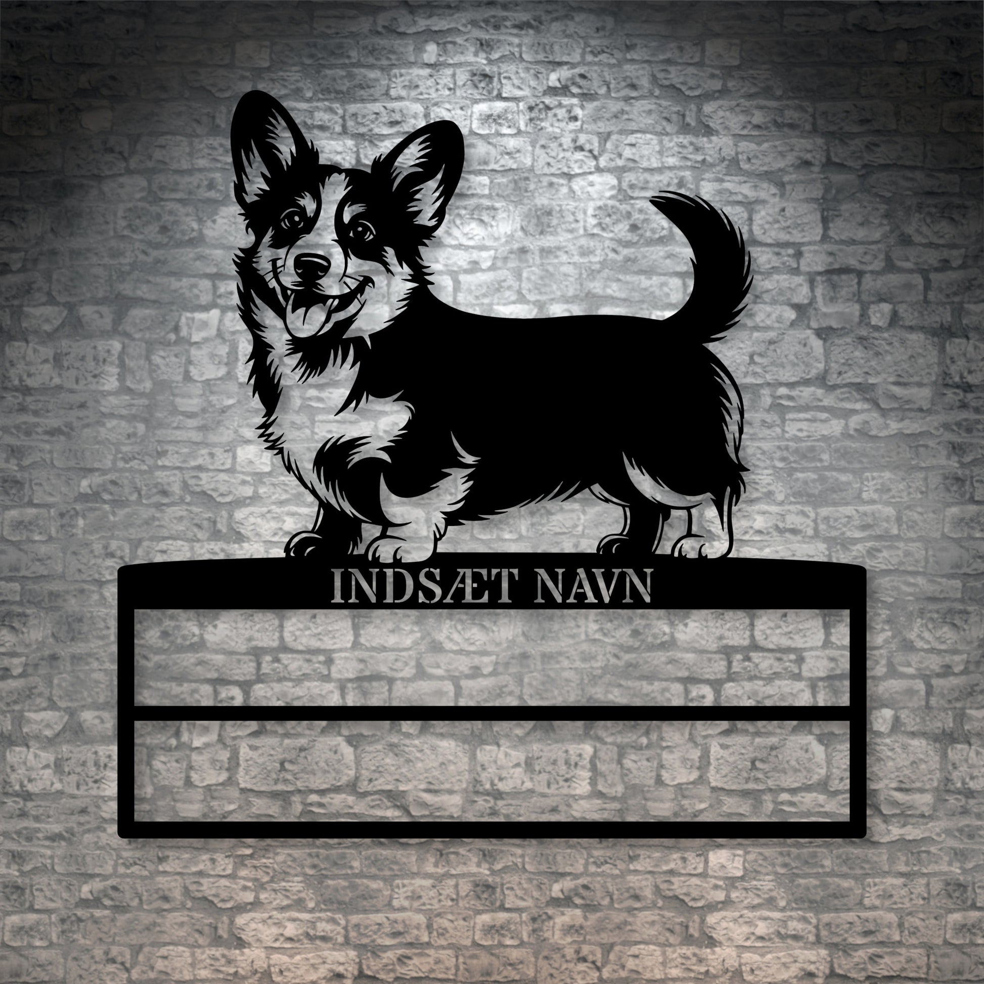 Laserskåret Corgi rosette display metalskilt med personlig tekst og navn. Unik Gaveide til hundeejer