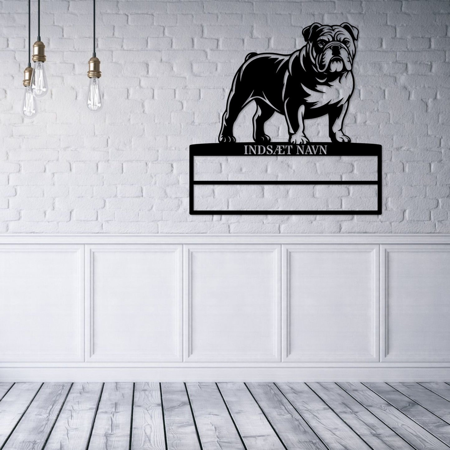 Laserskåret Engelsk Bulldog metalskilt med personlig navn til rosetter. Unik Gaveide til hundeejer...