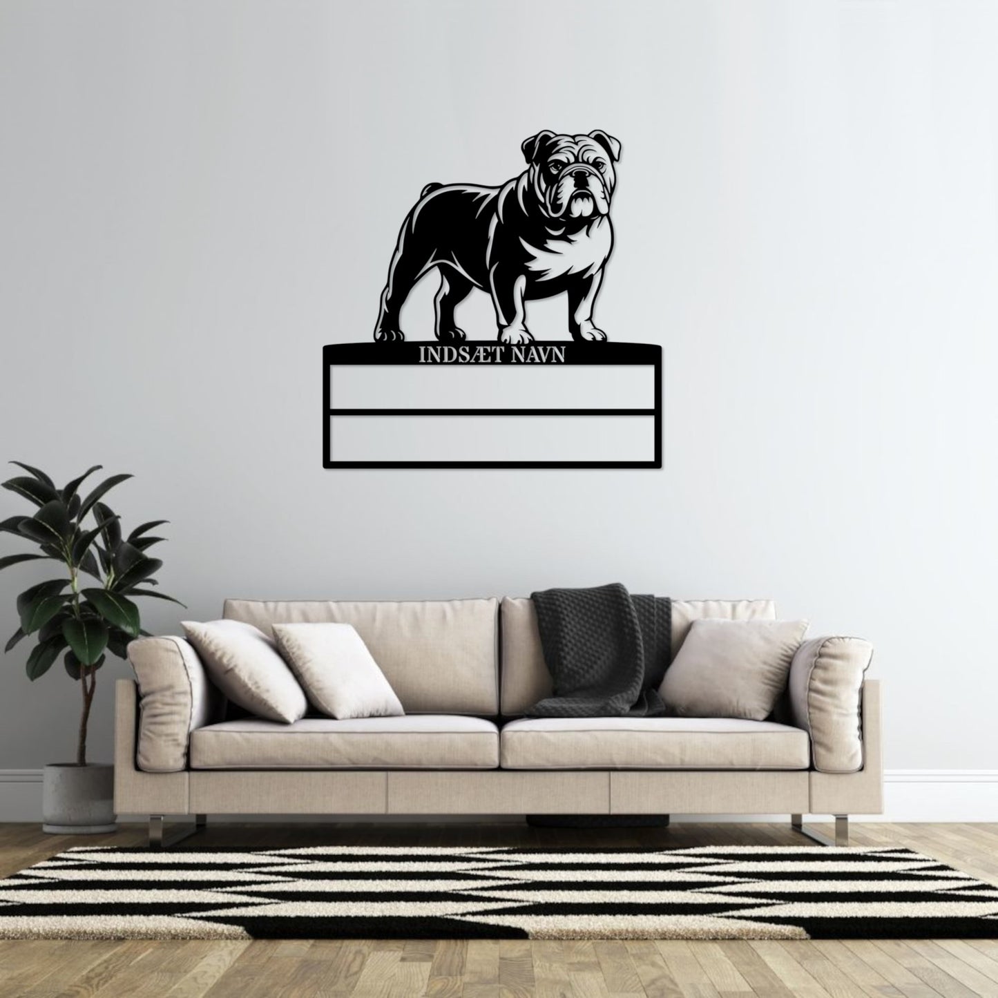 Laserskåret Engelsk Bulldog metalskilt med personlig navn til rosetter. Unik Gaveide til hundeejer