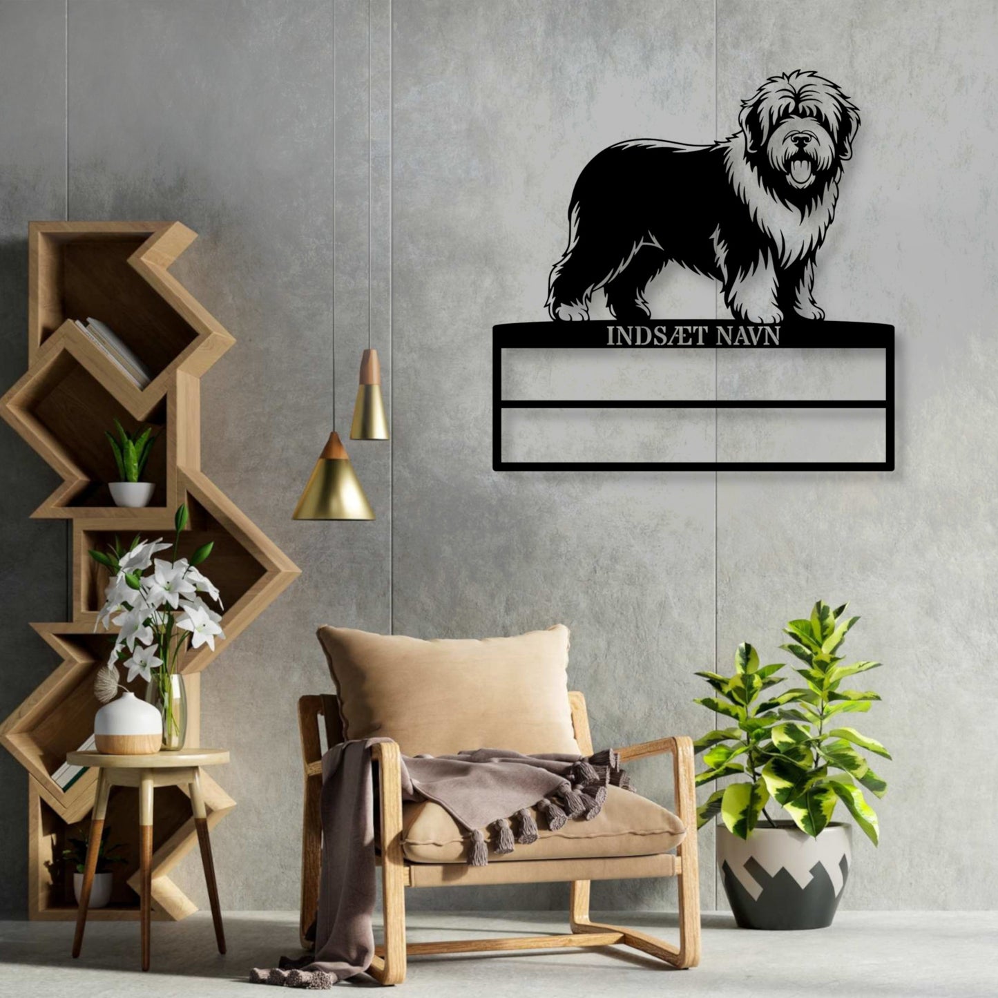 Old English Sheepdog rosette display metalskilt med personlig navn. Unik Gaveide til hundeejeren....