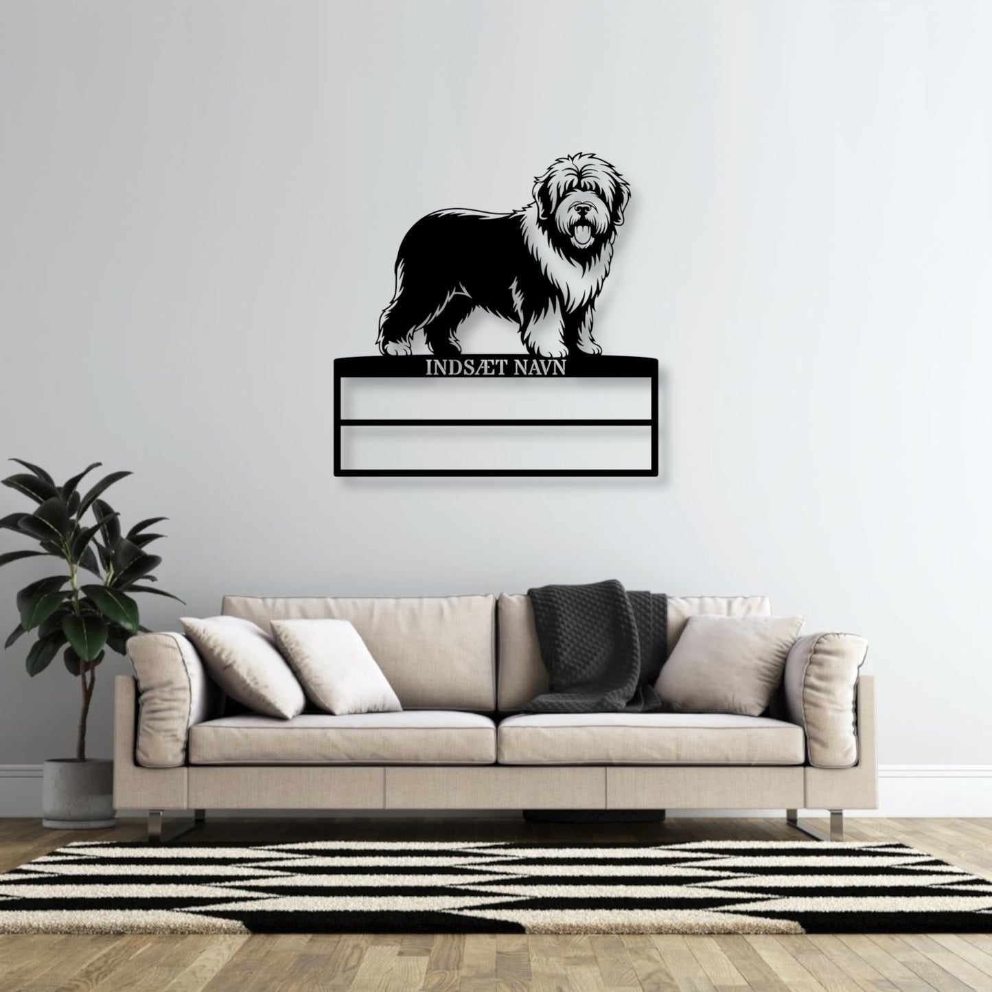 Old English Sheepdog rosette display metalskilt med personlig navn. Unik Gaveide til hundeejeren..