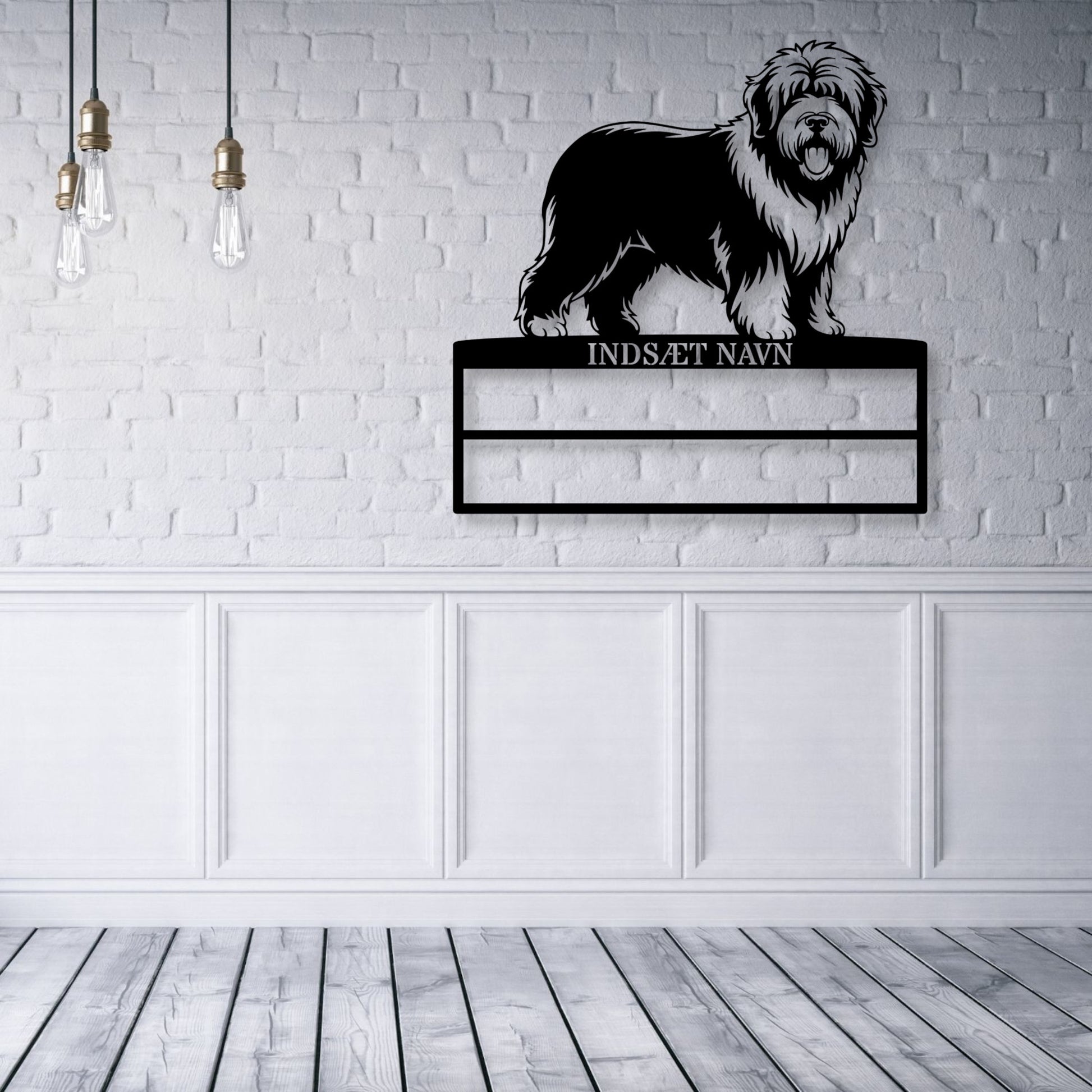 Old English Sheepdog rosette display metalskilt med personlig navn. Unik Gaveide til hundeejeren.