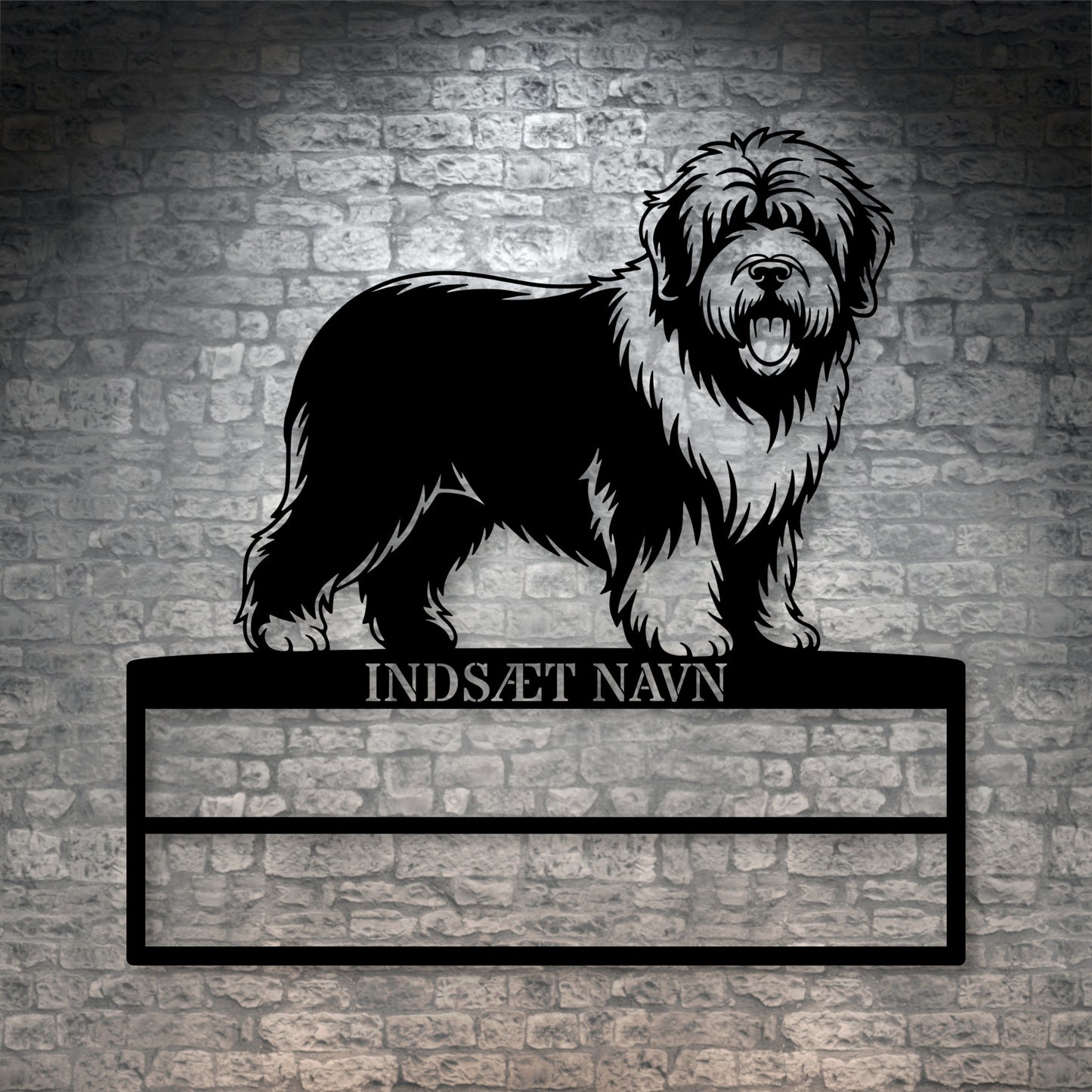 Old English Sheepdog rosette display metalskilt med personlig navn. Unik Gaveide til hundeejeren