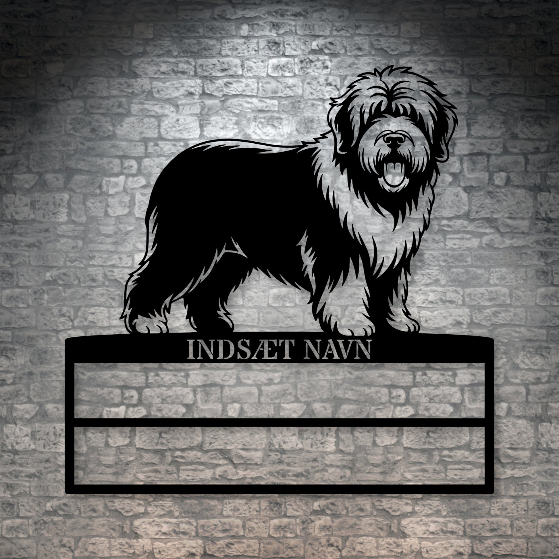 Old English Sheepdog rosette display metalskilt med personlig navn. Unik Gaveide til hundeejeren