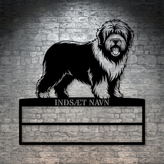 Old English Sheepdog rosette display metalskilt med personlig navn. Unik Gaveide til hundeejeren