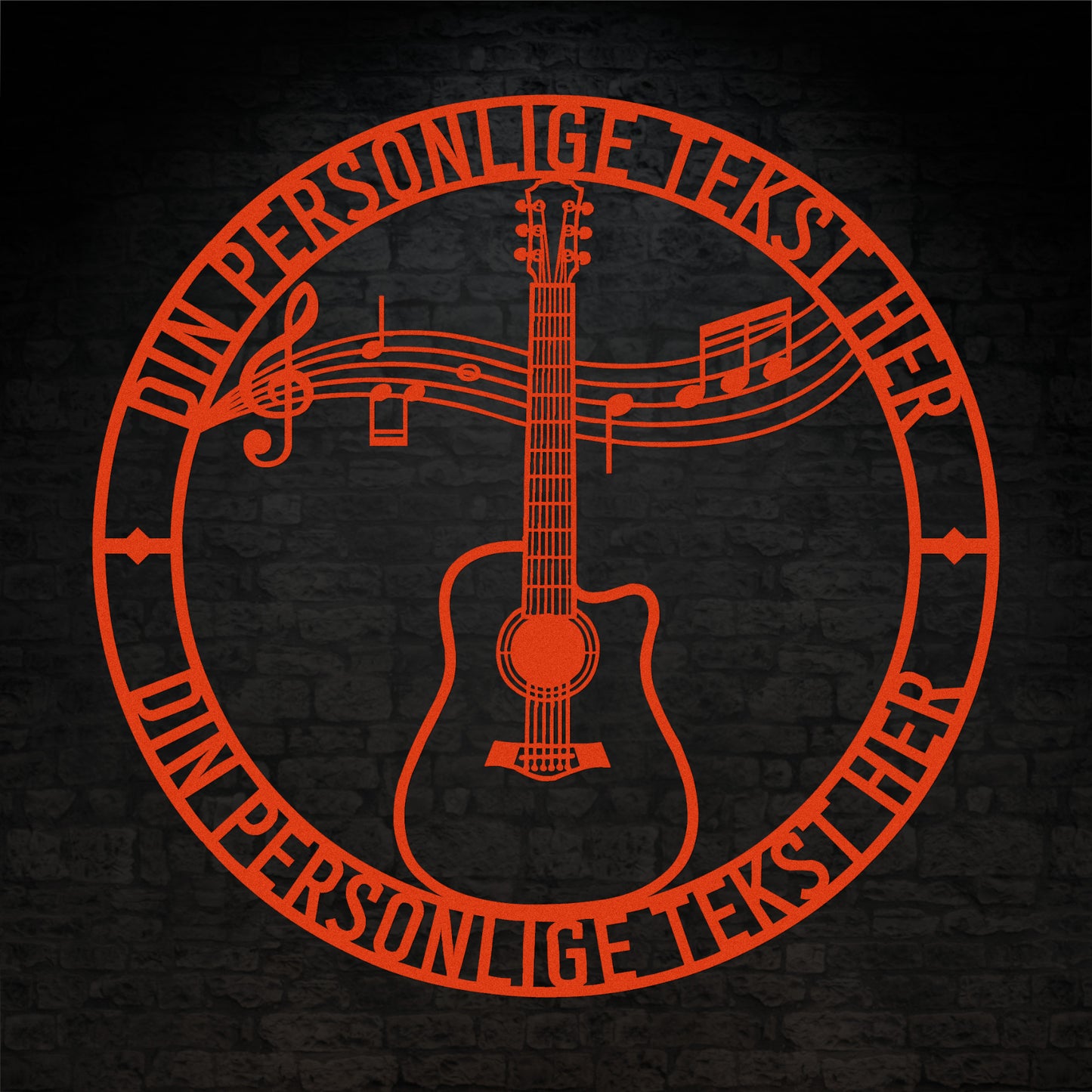 Orange guitar metalskilt med personlig tekst. Musiker navneskilt gaveidé