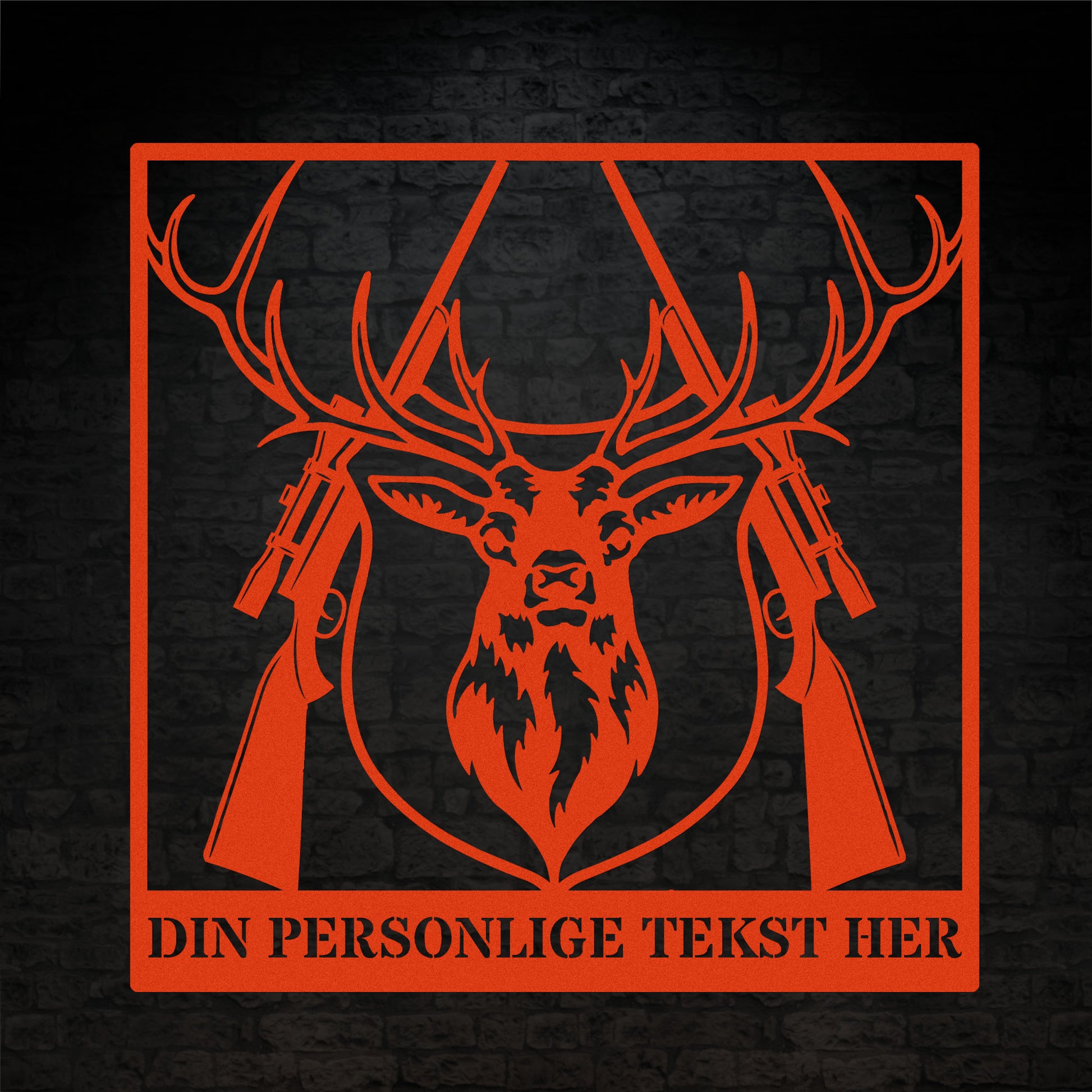 Orange metalskilt med navn og personlig tekst til jægeren. Fås i flere farver og størrelser