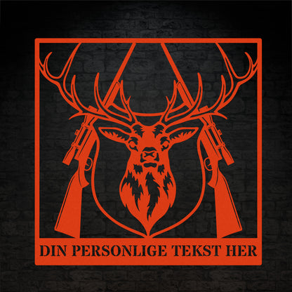 Orange metalskilt med navn og personlig tekst til jægeren. Fås i flere farver og størrelser