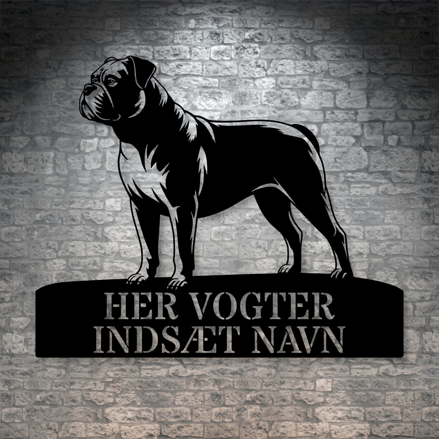 Personlig Amerikansk Bulldog her vogter jeg væg metalskilt med personlig tekst. Unik hundeejer gaveide