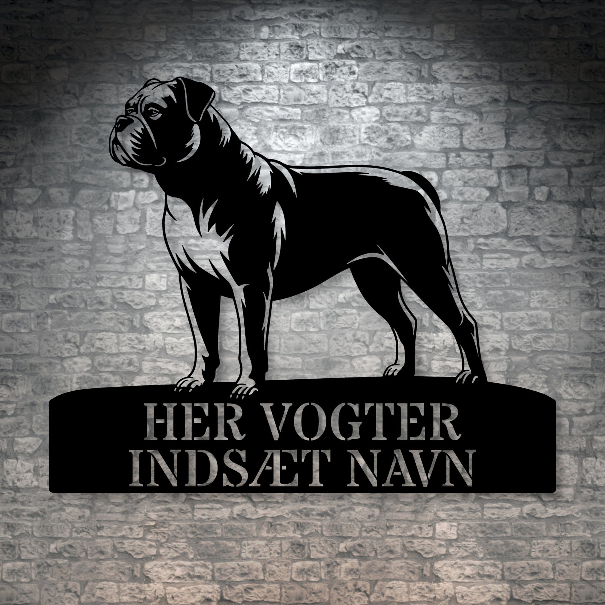 Personlig Amerikansk Bulldog her vogter jeg væg metalskilt med personlig tekst. Unik hundeejer gaveide