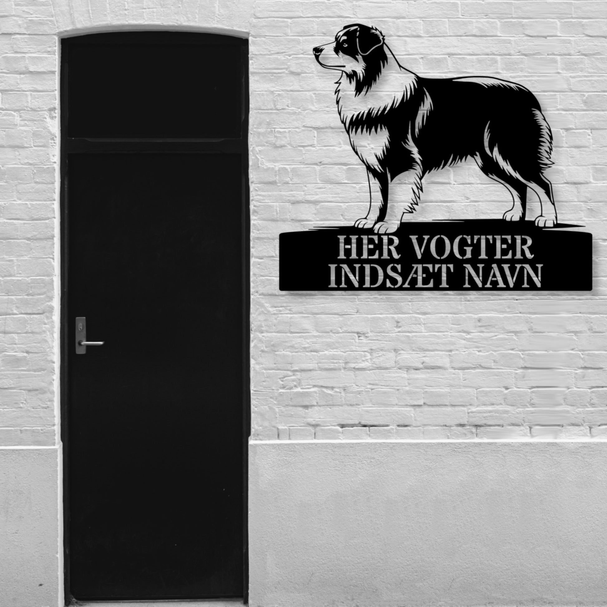 Personlig Australsk hyrdehund her vogter jeg væg metalskilt med personlig tekst. Unik hundeejer gaveide..