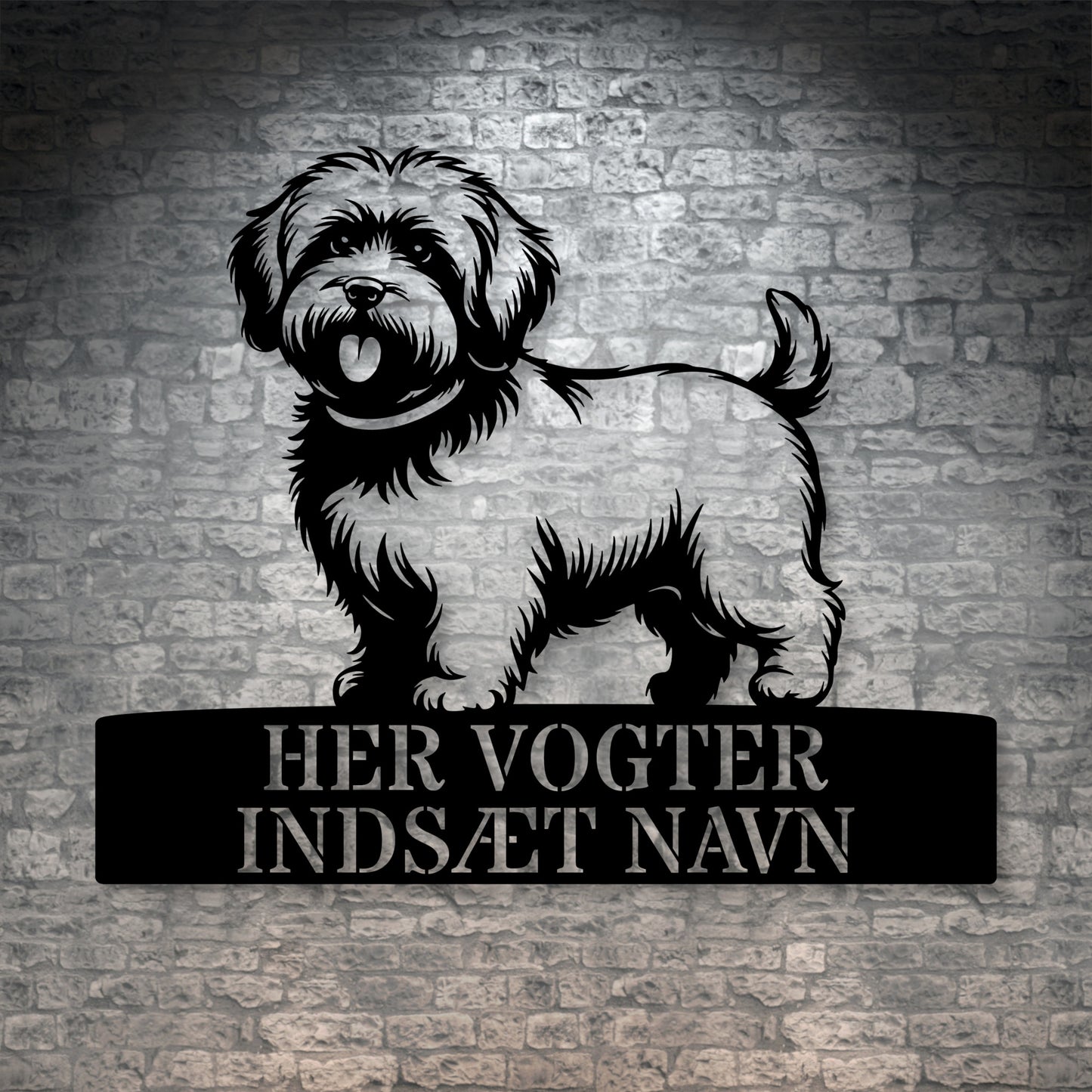 Personlig Bomuldshund her vogter jeg væg metalskilt med personlig tekst. Unik hundeejer gaveide
