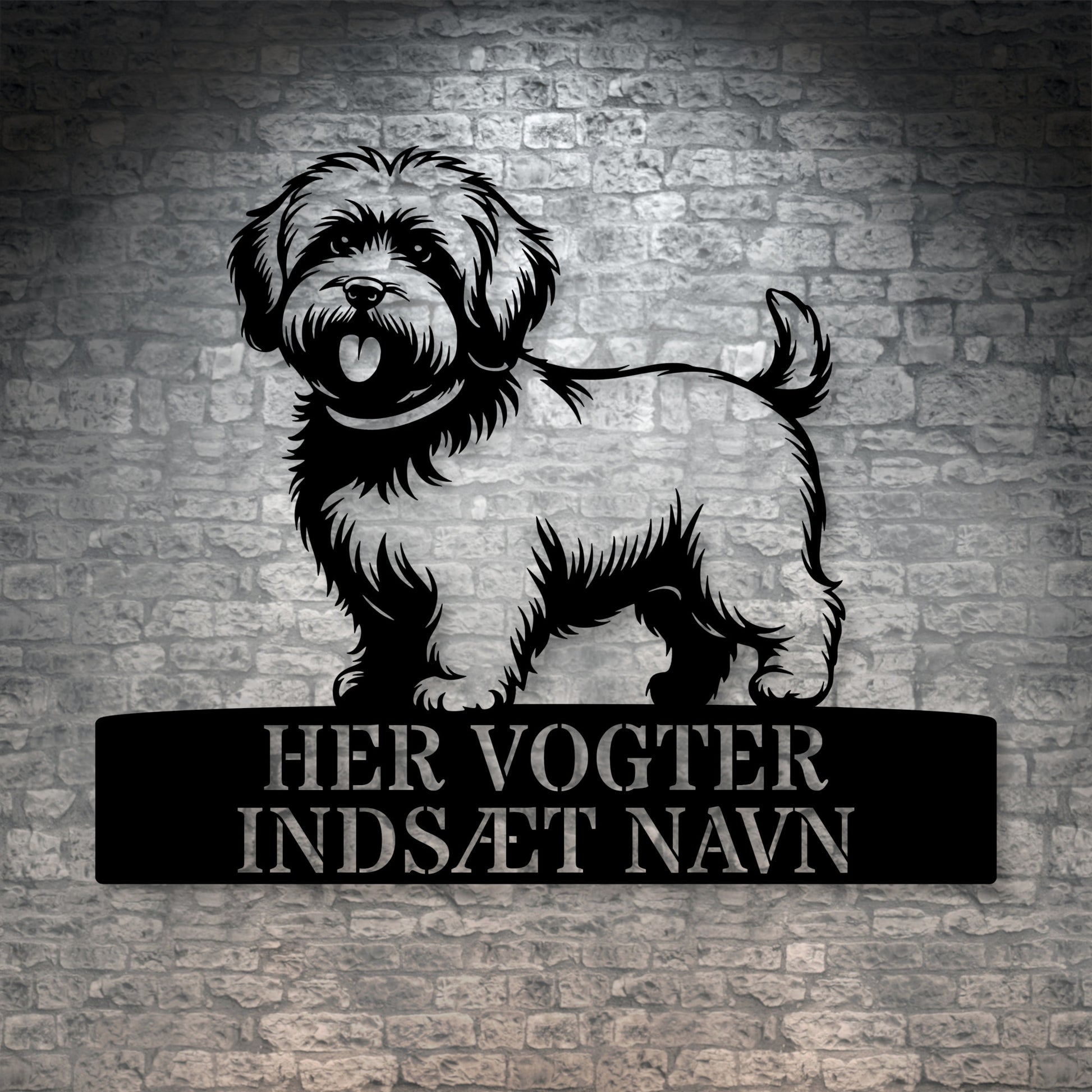 Personlig Bomuldshund her vogter jeg væg metalskilt med personlig tekst. Unik hundeejer gaveide