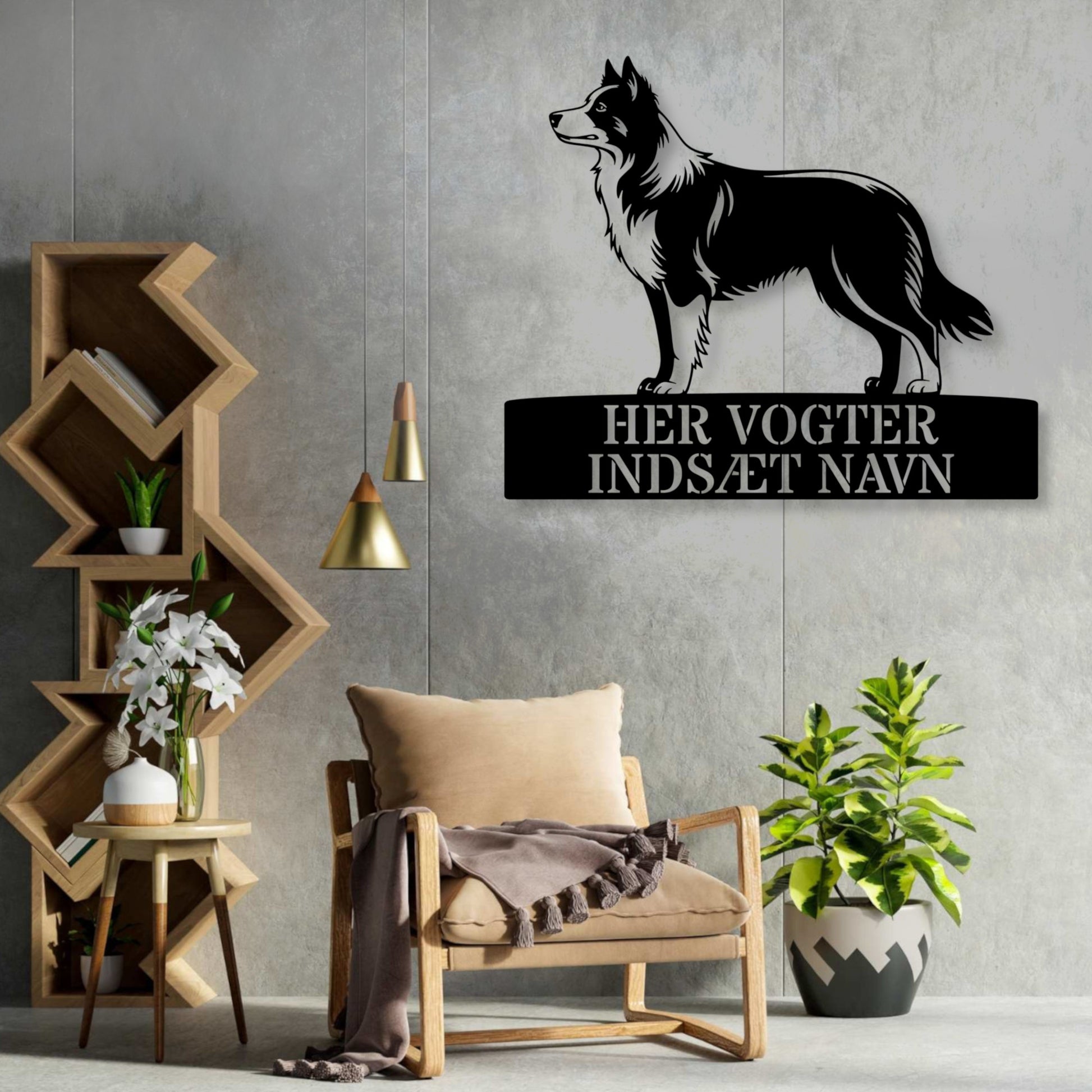 Personlig Border Collie her vogter jeg væg metalskilt med personlig tekst. Unik hundeejer gaveide.