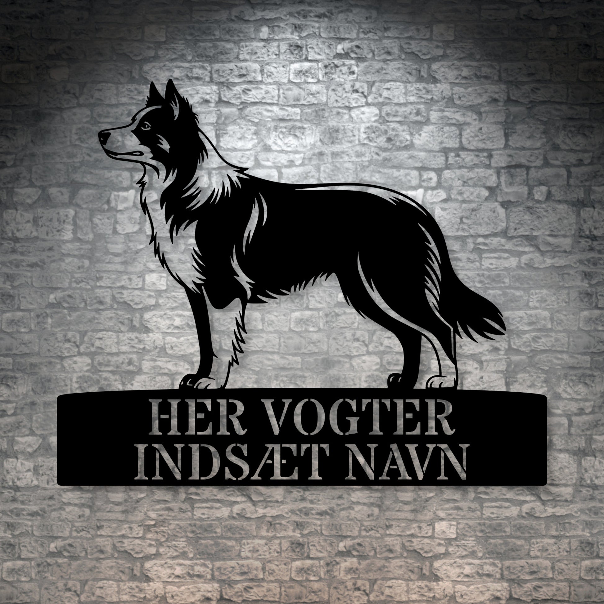 Personlig Border Collie her vogter jeg væg metalskilt med personlig tekst. Unik hundeejer gaveide
