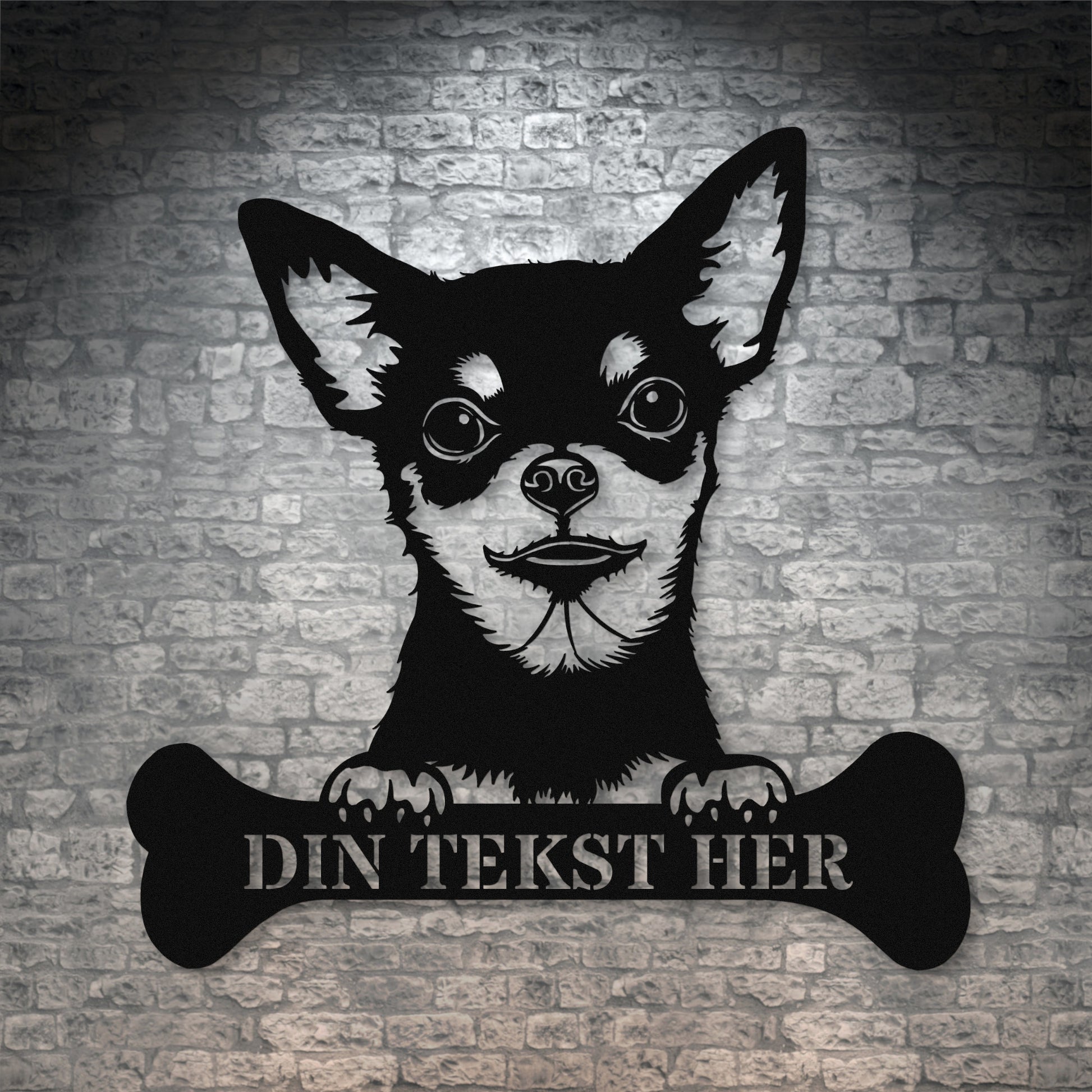 Personlig Chihuahua hunde metalskilt i sort med personlig tekst. Hundeejer gaveidé