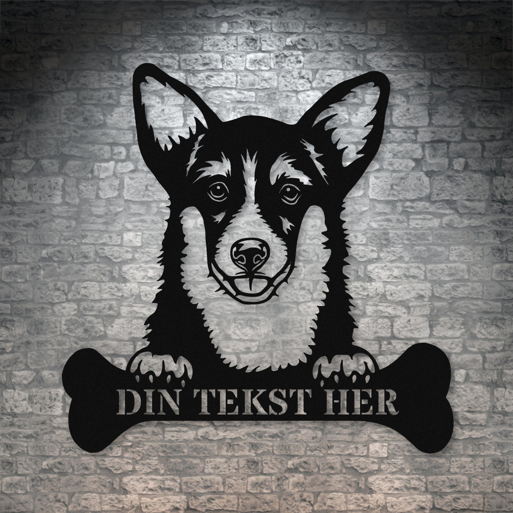 Personlig Corgi hunde metalskilt i sort med personlig tekst. Hundeejer gaveidé