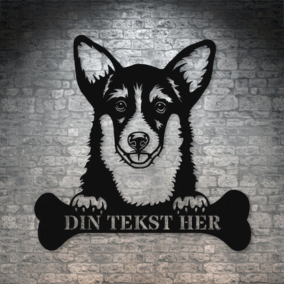 Personlig Corgi hunde metalskilt i sort med personlig tekst. Hundeejer gaveidé