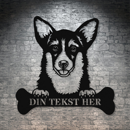 Personlig Corgi hunde metalskilt i sort med personlig tekst. Hundeejer gaveidé
