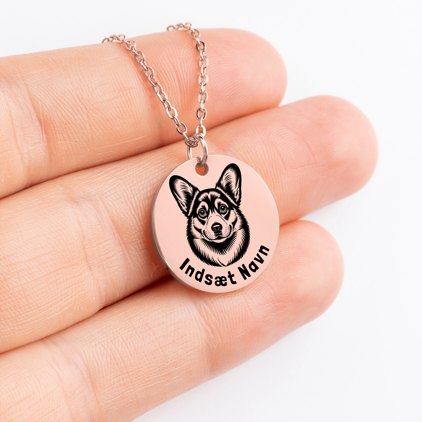 Personlig Corgi rosaguld halskæde i smykkeboks med kærlig besked.