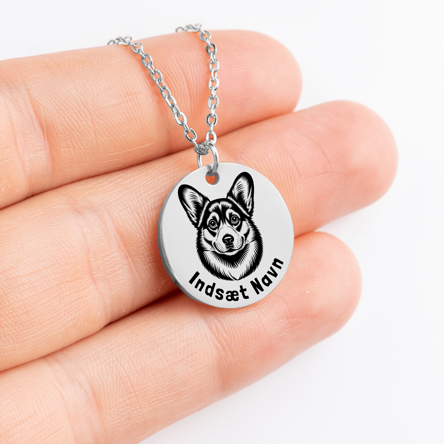 Personlig Corgi sølv halskæde i smykkeboks med kærlig besked.