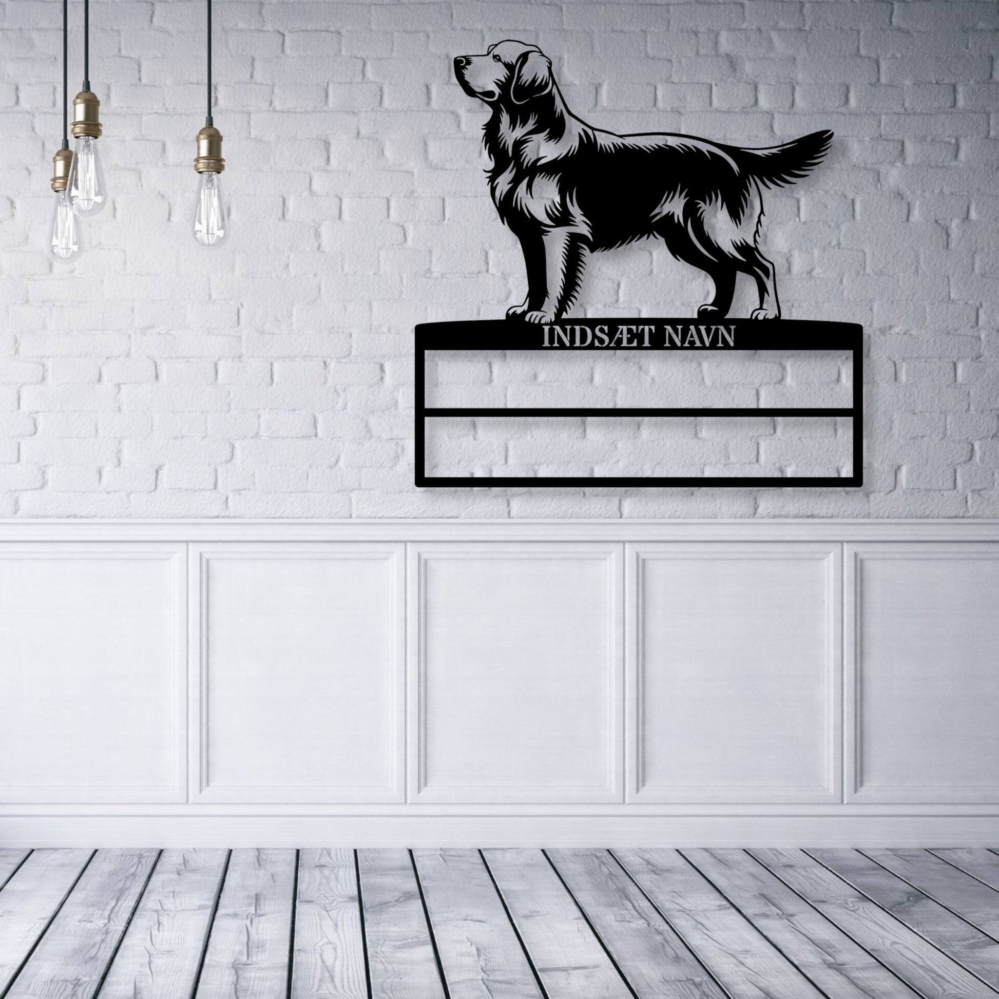 Personlig Golden Retriever rosette display metalskilt med personlig tekst og navn. Unik Gaveide til hundeejer.