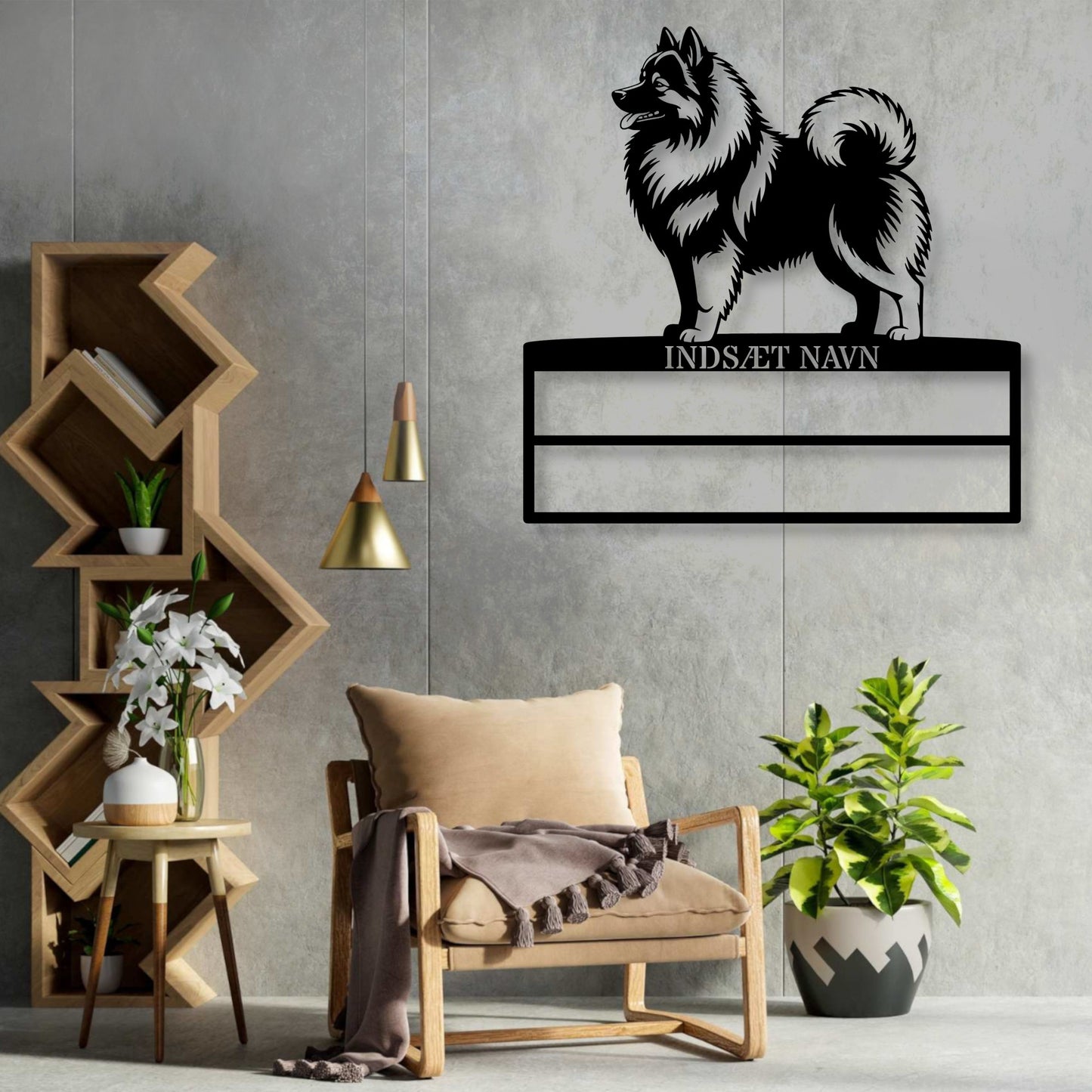 Personlig Keeshond væg metalskilt med personlig tekst til rosetter. Unik Gaveide til hundeejer..