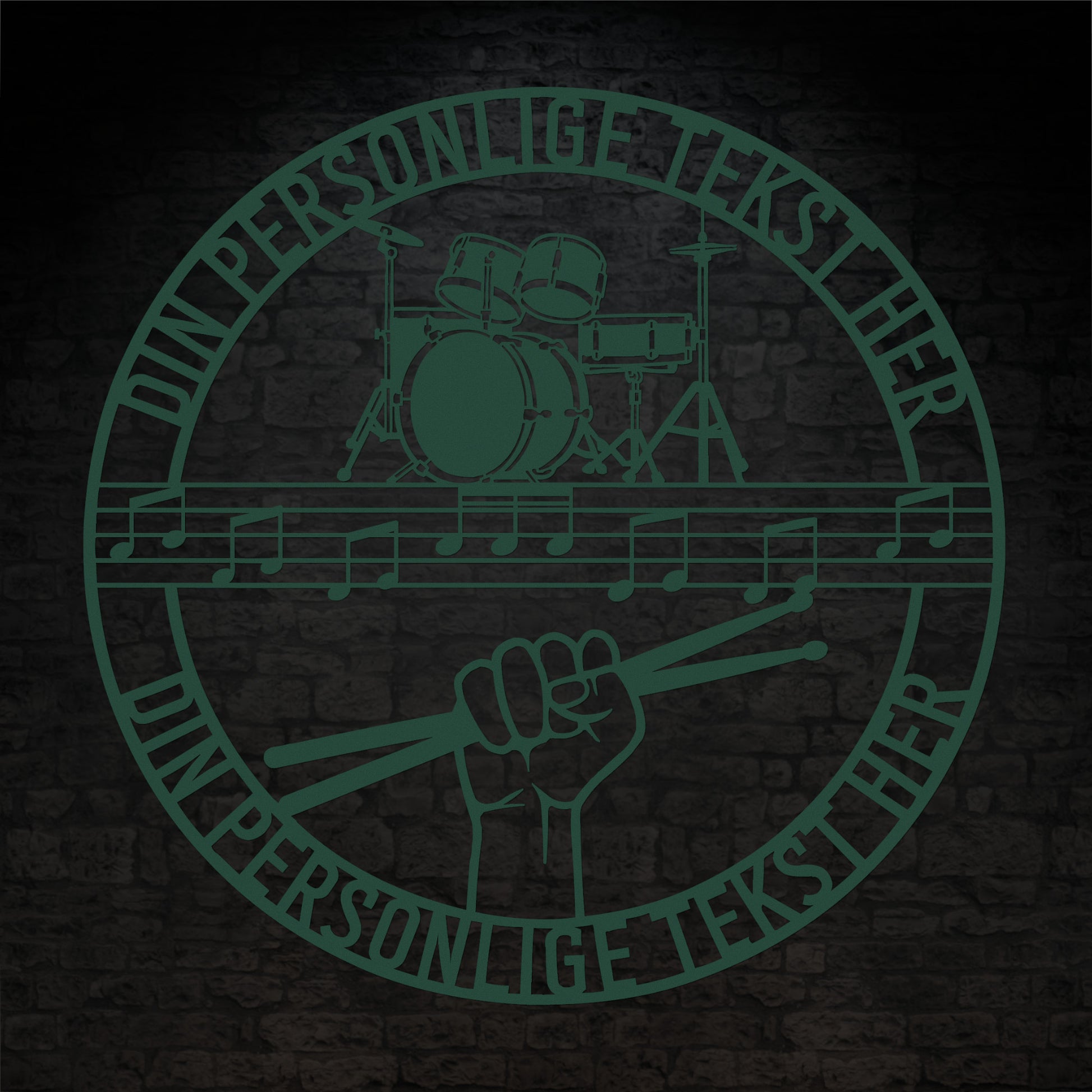 Personlig Musiker metal vægskilt i grøn med tekst. Unik gaveidé til trommeslageren
