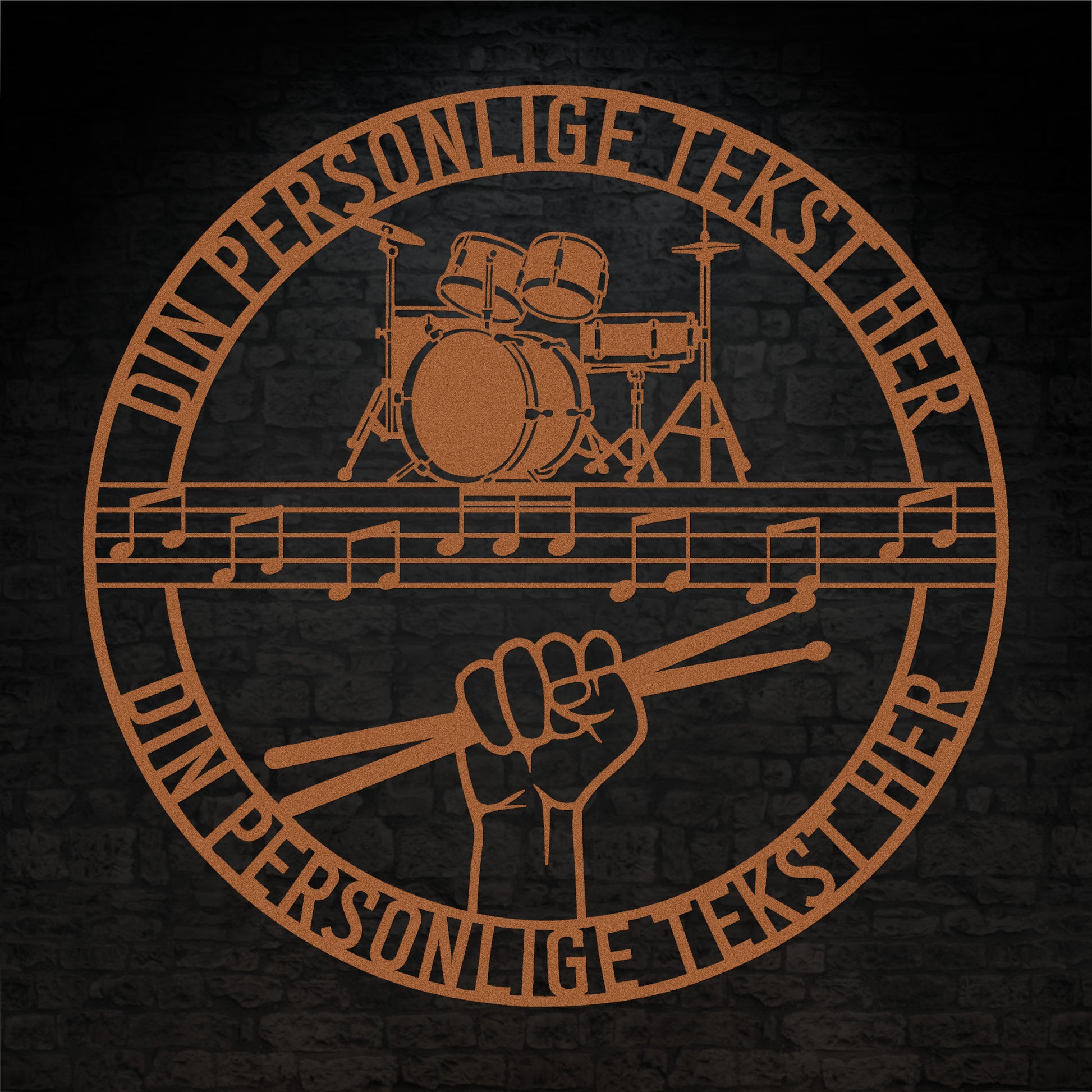 Personlig Musiker metal vægskilt i kobber med tekst. Unik gaveidé til trommeslageren