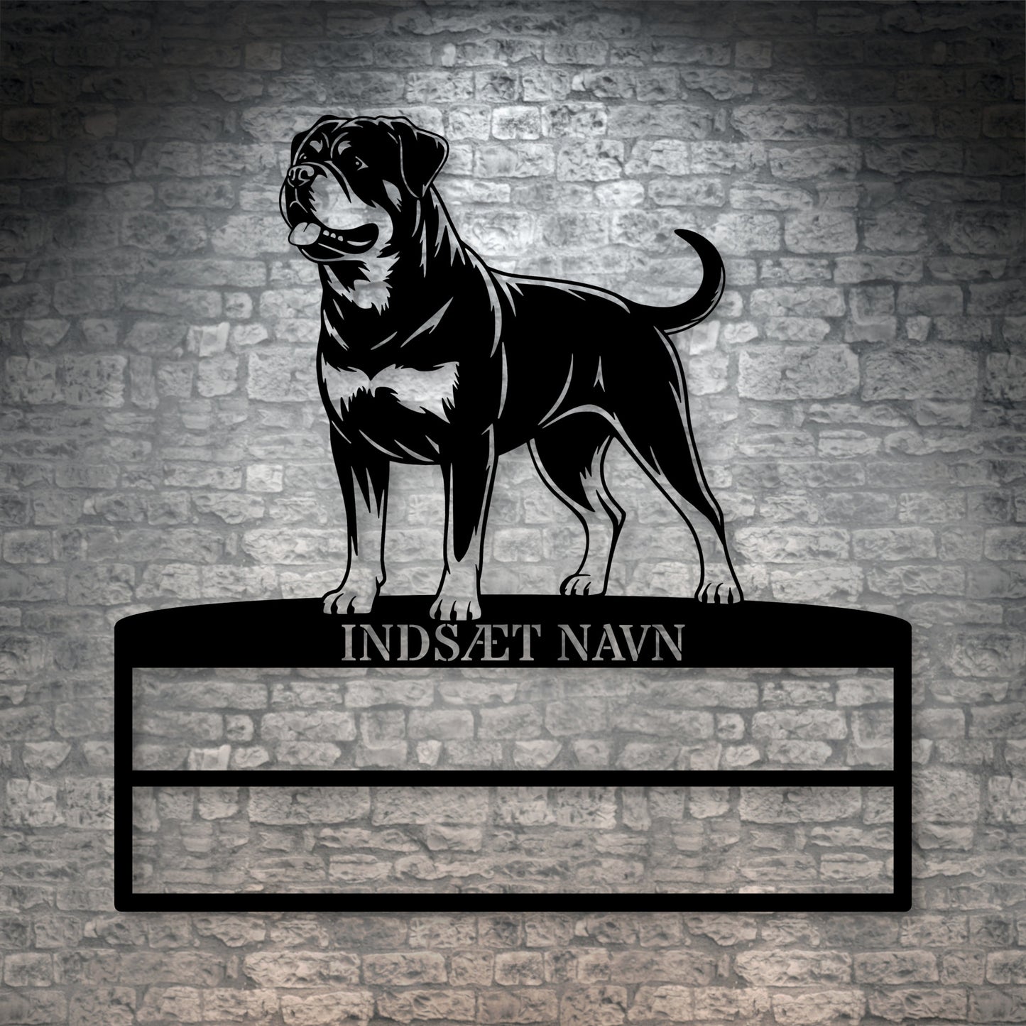 Personlig Rottweiler rosette display metalskilt med personlig navn. Unik Gaveide til hundeejeren.