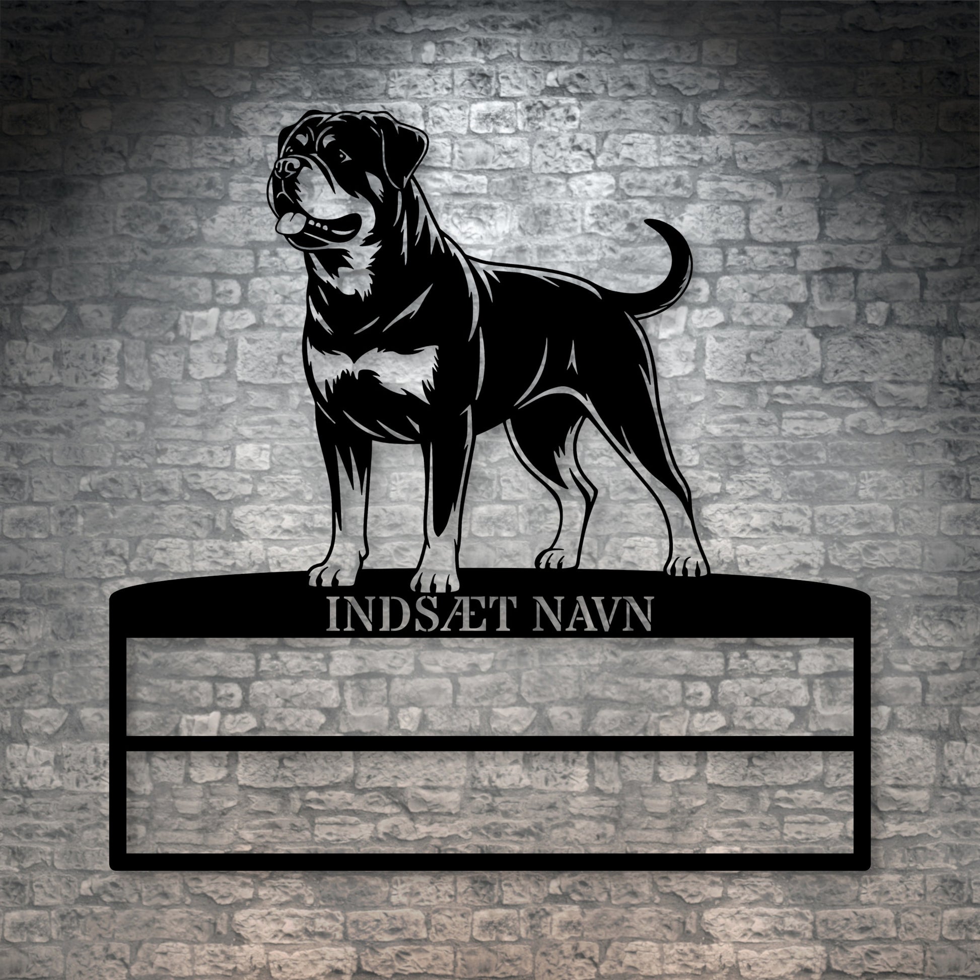 Personlig Rottweiler rosette display metalskilt med personlig navn. Unik Gaveide til hundeejeren.