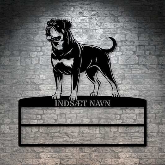 Personlig Rottweiler rosette display metalskilt med personlig navn. Unik Gaveide til hundeejeren.