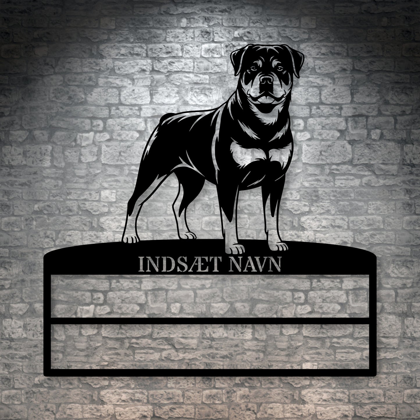 Personlig Rottweiler rosette display metalskilt med personlig tekst og navn. Unik Gaveide til hundeejeren.