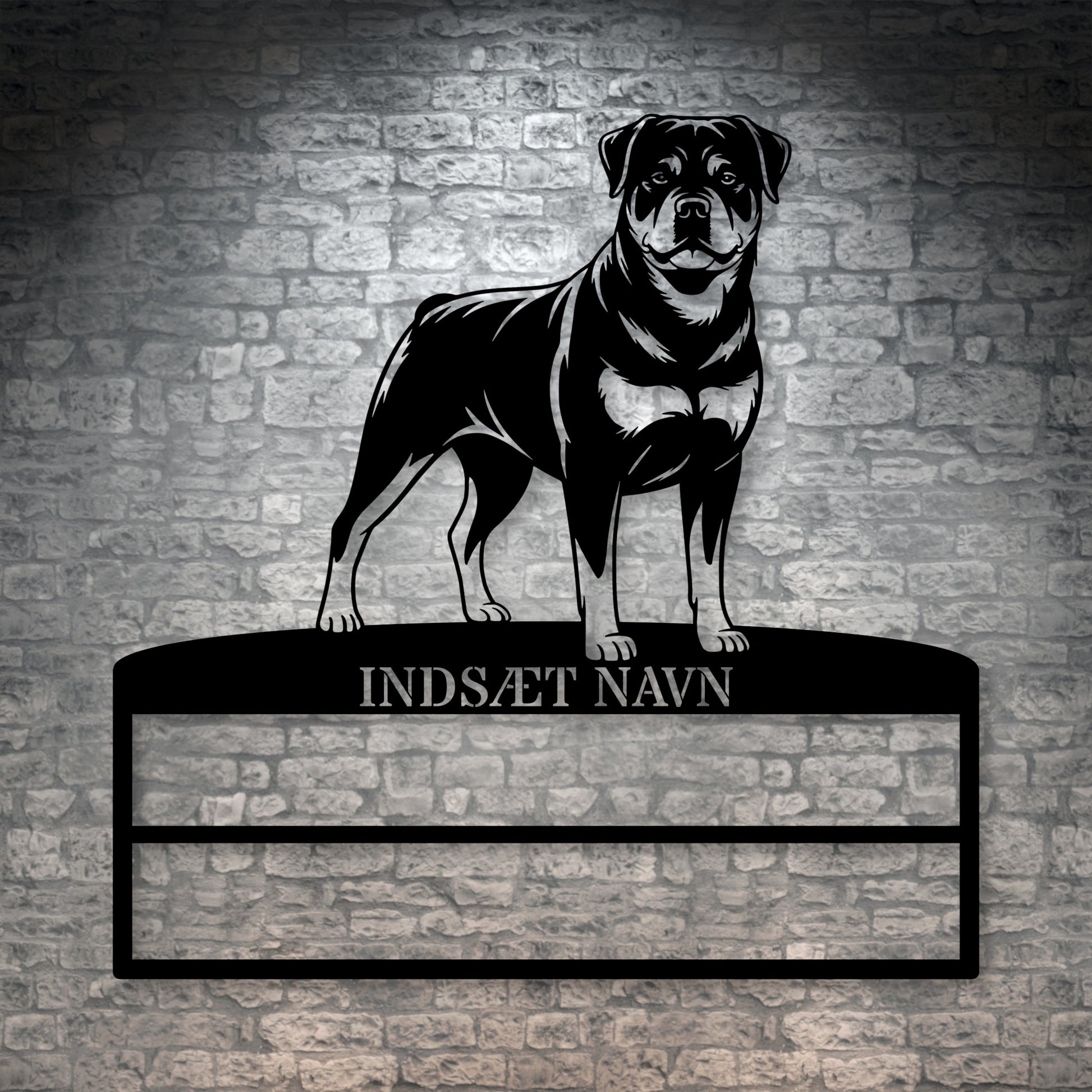 Personlig Rottweiler rosette display metalskilt med personlig tekst og navn. Unik Gaveide til hundeejeren.