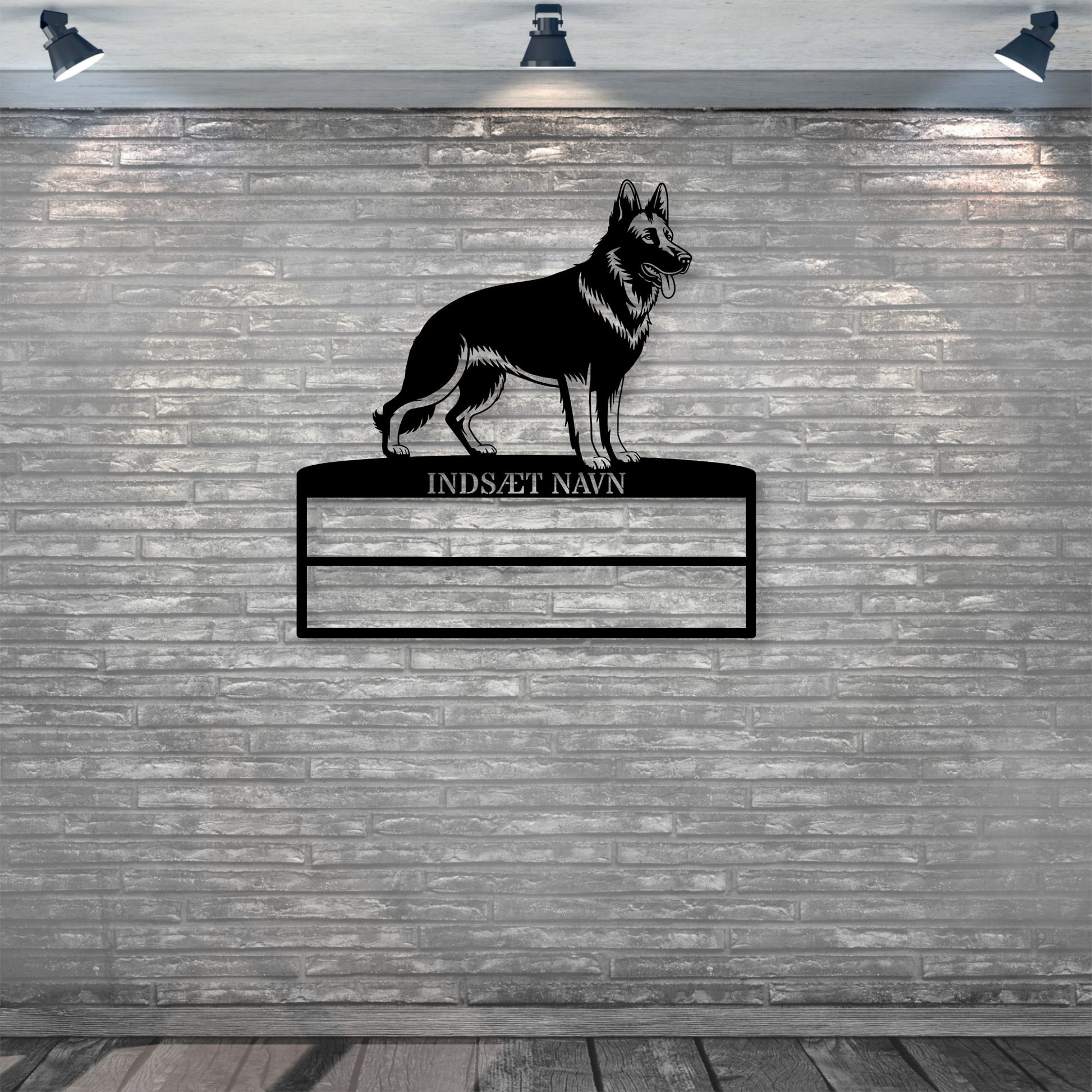 Personlig Schæferhund rosette display metalskilt med personlig tekst og navn. Unik Gaveide til hundeejer..