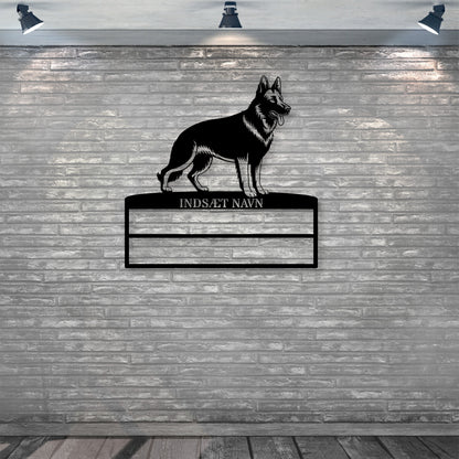 Personlig Schæferhund rosette display metalskilt med personlig tekst og navn. Unik Gaveide til hundeejer..