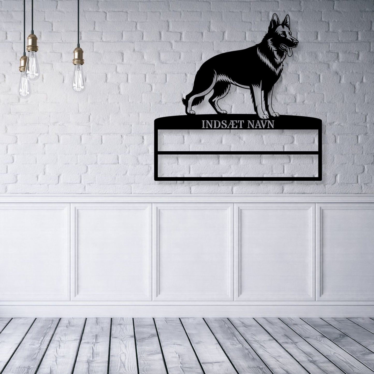 Personlig Schæferhund rosette display metalskilt med personlig tekst og navn. Unik Gaveide til hundeejer.