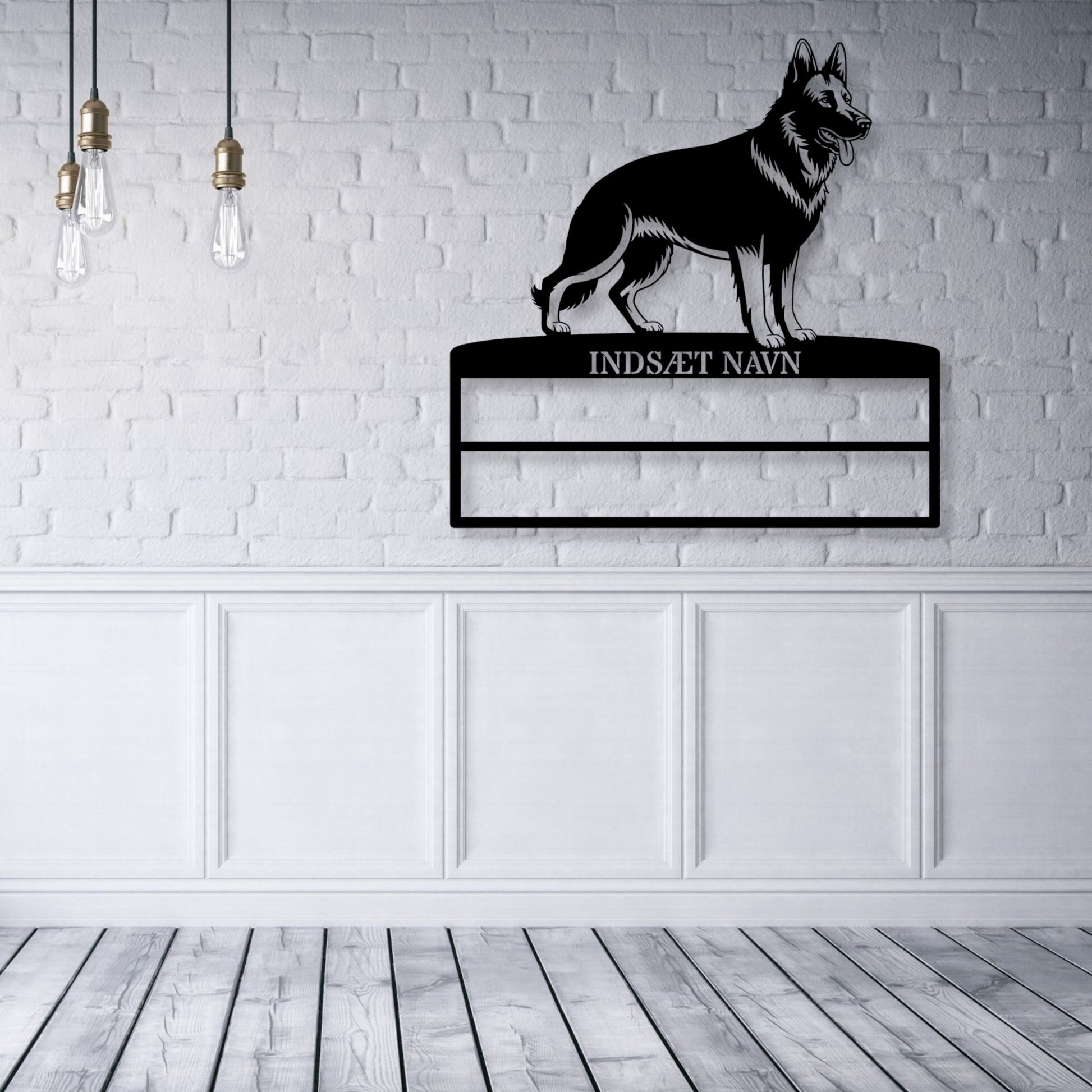 Personlig Schæferhund rosette display metalskilt med personlig tekst og navn. Unik Gaveide til hundeejer.