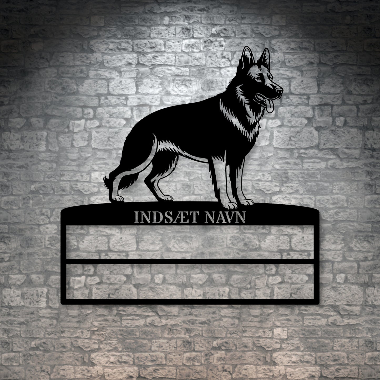 Personlig Schæferhund rosette display metalskilt med personlig tekst og navn. Unik Gaveide til hundeejer