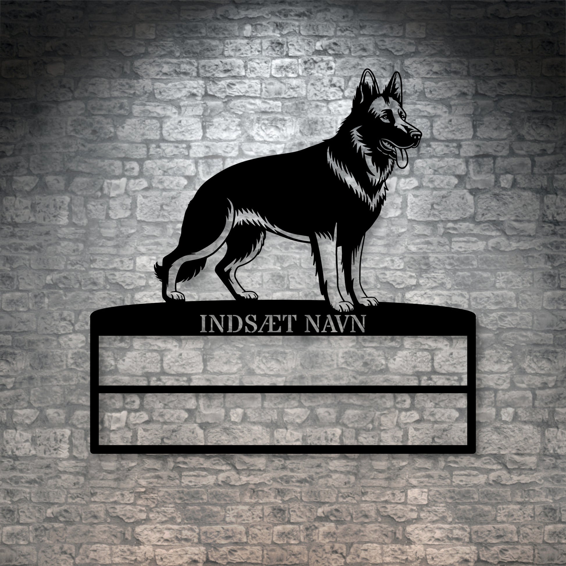 Personlig Schæferhund rosette display metalskilt med personlig tekst og navn. Unik Gaveide til hundeejer