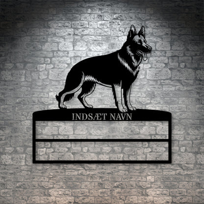 Personlig Schæferhund rosette display metalskilt med personlig tekst og navn. Unik Gaveide til hundeejer