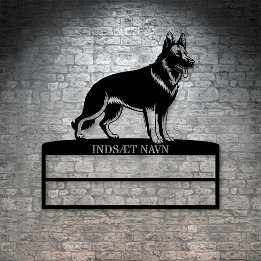 Personlig Schæferhund rosette display metalskilt med personlig tekst og navn. Unik Gaveide til hundeejer