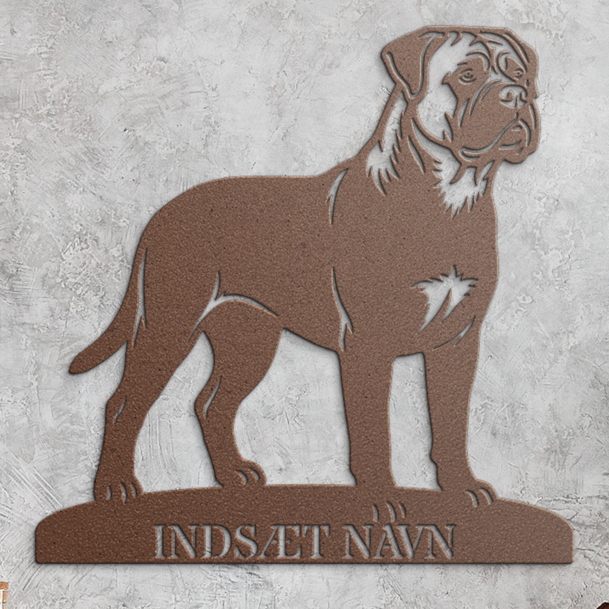 Personlig brun Bullmastiff metalskilt med hundenavn..