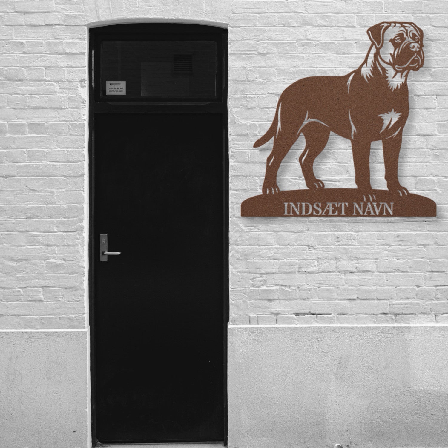 Personlig brun Bullmastiff metalskilt med hundenavn.