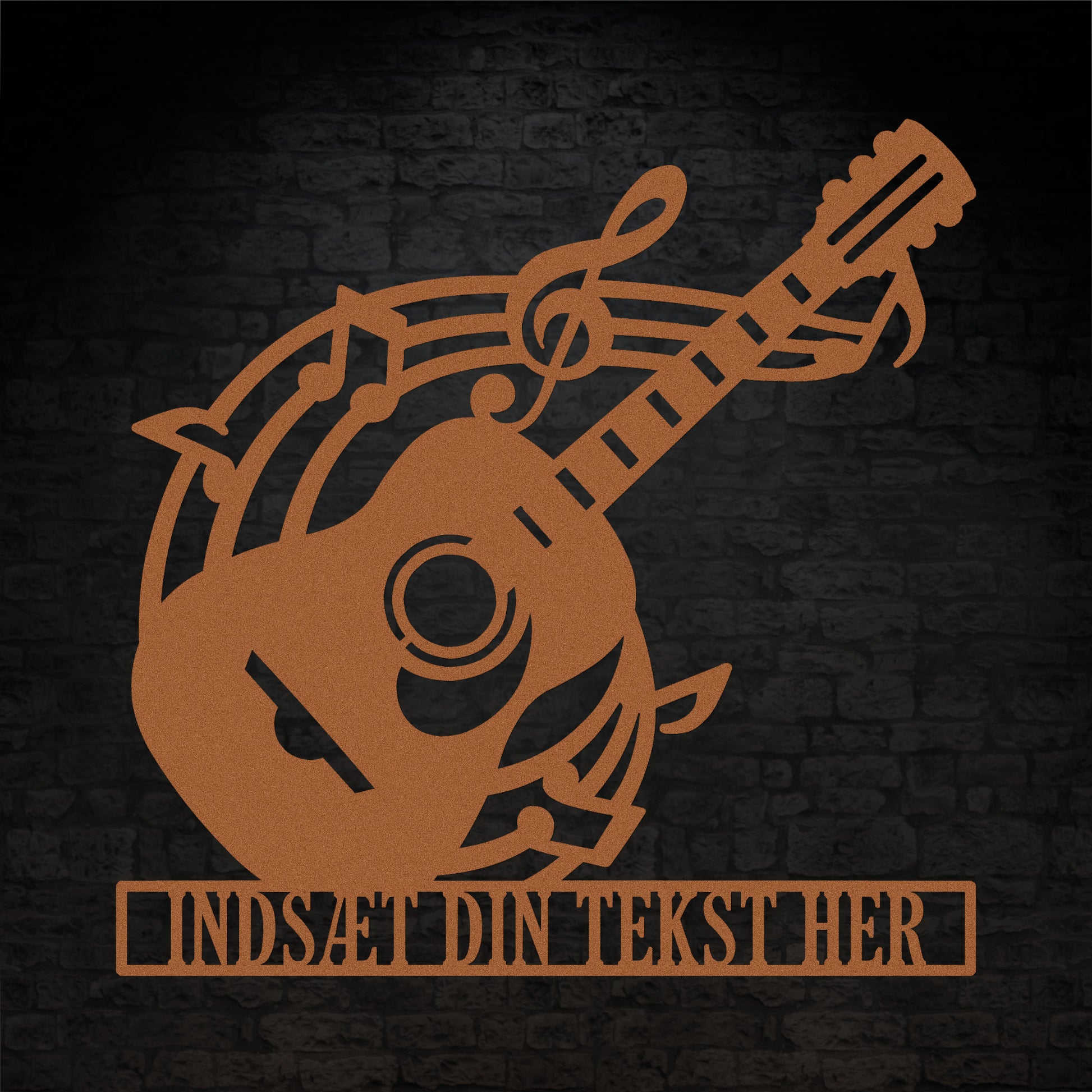 Personlig brun guitarskilt i metal med tekst. Musikelsker navneskilt vægdekoration gaveidé