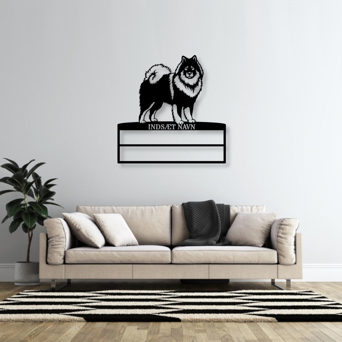 Personlig eurasier metal navneskilt med hundenavn til rosetter.