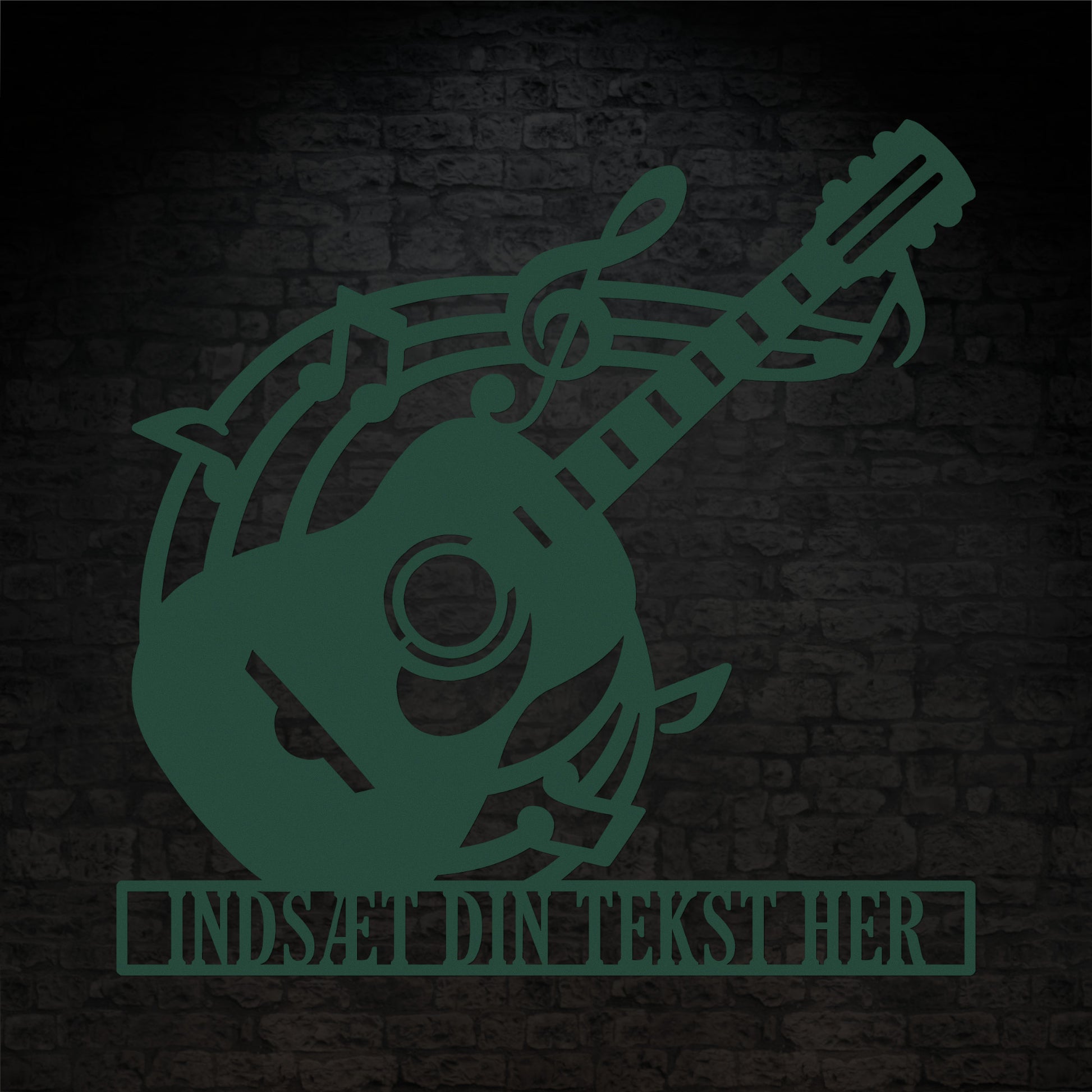 Personlig grøn guitarskilt i metal med tekst. Musikelsker navneskilt vægdekoration gaveidé